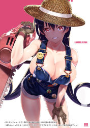 Rule 34 | 1girl, badge, black hair, breasts, bright pupils, brown gloves, button badge, cleavage, collarbone, cosplay, denim, fate/grand order, fate (series), gloves, hat, large breasts, leaning forward, long hair, looking at viewer, matsuryuu, overall shorts, overalls, parted lips, paul bunyan (fate), paul bunyan (fate) (cosplay), paul bunyan (third ascension) (fate), red eyes, smile, solo, sun hat, very long hair, xuangzang sanzang (fate)