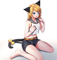 Rule 34 | 1girl, :p, absurdres, animal ear fluff, animal ears, bare shoulders, barefoot, belt, black sailor collar, black shorts, blonde hair, blouse, blue eyes, blush, bow, breasts, cat ears, cat girl, cat tail, collarbone, commentary, crop top, full body, hair ornament, hairclip, highres, inu8neko, kagamine rin, kemonomimi mode, looking at viewer, midriff, navel, paw pose, sailor collar, shirt, short hair, short shorts, shorts, sidelocks, simple background, sitting, sleeveless, sleeveless shirt, small breasts, solo, swept bangs, tail, tail bow, tail ornament, tongue, tongue out, vocaloid, wariza, white background, white shirt, yellow belt