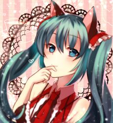 Rule 34 | 1girl, animal ears, blue eyes, blue hair, blush, cat ears, closed mouth, eyebrows, finger to mouth, hatsune miku, looking at viewer, matching hair/eyes, mofuruo, smile, solo, twintails, vocaloid