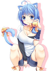 Rule 34 | 1girl, ahoge, animal ears, bad id, bad pixiv id, bell, blue eyes, blue hair, blush, breasts, cat ears, cat tail, cleavage, holding, large breasts, matching hair/eyes, off shoulder, original, ribbon, shorts, silhouette, smile, solo, squatting, tail, tail bell, tail ornament, tail ribbon, yappen, yatsu (sasuraino)