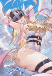 Rule 34 | 1girl, absurdres, angel wings, angewomon, armpits, arms up, asymmetrical clothes, belt, black belt, blonde hair, breasts, commentary request, covered eyes, digimon, digimon (creature), elbow gloves, facing viewer, feathered wings, floating hair, from side, gloves, head wings, helmet, helmet over eyes, highres, large breasts, long hair, mole, mole under mouth, multiple wings, navel, o-ring, parted lips, shanguier, shawl, simple bird, single glove, skindentation, solo, teeth, thigh belt, thigh strap, thighs, very long hair, white gloves, white wings, winged helmet, wings