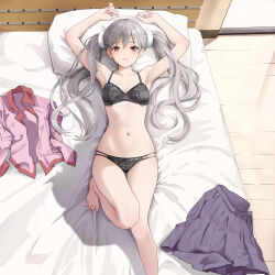 Rule 34 | 1girl, absurdres, armpits, arms up, barefoot, bed sheet, bedroom, black bra, black panties, black skirt, blush, bra, breasts, brown eyes, collared shirt, commentary, commission, feet, foot out of frame, gibun (sozoshu), grey hair, highres, indoors, long hair, looking at viewer, lying, monogatari (series), naoetsu high school uniform, navel, oikura sodachi, on back, on bed, owarimonogatari, panties, parted lips, pillow, pink shirt, pixiv commission, pleated skirt, school uniform, shirt, unworn shirt, skirt, unworn skirt, small breasts, solo, toes, twintails, underwear, underwear only, very long hair, window, wooden floor