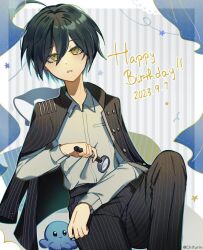Rule 34 | 1boy, ahoge, black hair, black pants, chifurin, collared shirt, danganronpa (series), danganronpa v3: killing harmony, dated, frown, grey shirt, hair between eyes, happy birthday, holding, holding magnifying glass, jacket, jacket on shoulders, long sleeves, looking at viewer, magnifying glass, male focus, multicolored background, open clothes, open jacket, pants, saihara shuichi, shirt, short hair, striped clothes, striped pants