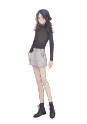 Rule 34 | 1girl, absurdres, bare legs, black footwear, black hair, black shirt, boots, closed mouth, fishdry, full body, hair bun, highres, long hair, long sleeves, looking at viewer, multicolored hair, original, parted bangs, shirt, shorts, simple background, solo, standing, sweater, tachi-e, turtleneck, white background, white shorts, yellow eyes