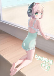 Rule 34 | 1girl, absurdres, animal ears, artist name, bare shoulders, barefoot, beach, blush, eyebrows hidden by hair, green eyes, highres, kneeling, looking at viewer, looking back, one-piece swimsuit, open mouth, original, pink hair, short hair, soles, solo, swimsuit, toes, xi yang yang