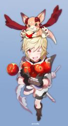 Rule 34 | 1boy, apple, arthur (granblue fantasy), blonde hair, blue background, carrying, dragon, eating, food, food on face, fruit, granblue fantasy, male focus, one eye closed, rice (rice8p), shorts, simple background, smile, twitter username, vyrn (granblue fantasy)
