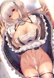 Rule 34 | 1girl, anchor, azur lane, blush, bottomless, breasts, choker, cleavage, clothes lift, collarbone, convenient censoring, cowboy shot, dress, dress lift, dutch angle, frills, groin, hair between eyes, hairband, head tilt, lace-trimmed hairband, lace trim, large breasts, lifting own clothes, looking at viewer, navel, no panties, parted lips, puffy sleeves, red eyes, ribbon, ribbon-trimmed legwear, ribbon trim, satou daiji, short hair, short sleeves, sidelocks, sirius (azur lane), solo, stomach, thighhighs, thighs, wet, wet clothes, white hair, white thighhighs