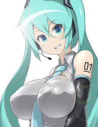 Rule 34 | 1girl, blue eyes, breasts, covered erect nipples, female focus, hatsune miku, highres, large breasts, long hair, looking at viewer, nipples, puffy nipples, shirt, simple background, sinensian, solo, upper body, vocaloid, white background