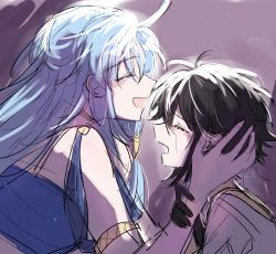 Rule 34 | 1boy, 1girl, androgynous, black hair, blue hair, crying, closed eyes, highres, long hair, lord of heroes, lumie miratisa, nine (lord of heroes), pale skin, pointy ears, trap, zetvq