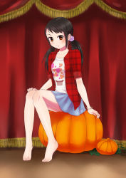 Rule 34 | 1girl, arm at side, barefoot, black hair, blue skirt, breasts, brown eyes, casual, collarbone, curtains, eyelashes, feet, female focus, fingernails, flower, flower on head, full body, hand on own knee, happy, heart, heart print, idol, idolmaster, idolmaster cinderella girls, jacket, legs, long hair, long twintails, looking at viewer, low twintails, miniskirt, nakano yuka, namco, neck, official alternate costume, open clothes, open jacket, print shirt, pumpkin, red jacket, shinkai kiiro, shiny clothes, shiny skin, shirt, shirt under jacket, short sleeves, side bangs, sidelocks, sitting, skirt, small breasts, smile, stage, tiptoes, toenails, toes, twintails, white shirt, wristband