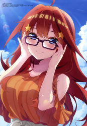 Rule 34 | 1girl, absurdres, blue eyes, blue sky, blush, breasts, closed mouth, cloud, collarbone, day, glasses, go-toubun no hanayome, hair ornament, hands on eyewear, highres, large breasts, lens flare, long hair, looking at viewer, maeda tsumugi, megami magazine, nakano itsuki, official art, orange shirt, outdoors, red eyes, scan, shirt, skirt, sky, sleeveless, sleeveless shirt, smile, solo, star (symbol), star hair ornament, sunlight, upper body, white skirt