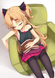 Rule 34 | 1girl, akatsuki uni, armchair, bare arms, bare shoulders, black pantyhose, black tank top, blonde hair, blush, book, chair, closed eyes, collarbone, feet out of frame, hair ornament, hairclip, highres, long hair, ogami kazuki, on chair, open book, panties, panties under pantyhose, pantyhose, parted bangs, parted lips, pleated skirt, purple skirt, shadow, skirt, sleeping, solo, strap slip, tank top, thighband pantyhose, two side up, underwear, uni create, very long hair, virtual youtuber, white background