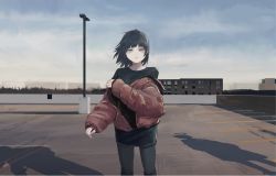 Rule 34 | 1girl, black hair, black pantyhose, black shirt, black skirt, blunt bangs, building, cityscape, cloud, cloudy sky, day, down jacket, expressionless, feet out of frame, grey eyes, jacket, kgt (pixiv12957613), lamppost, looking at viewer, off shoulder, on roof, open clothes, open jacket, open mouth, original, outdoors, pantyhose, parking lot, red jacket, rooftop, scenery, shadow, shirt, skirt, sky, sleeves past wrists, solo, standing, sunlight