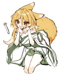 Rule 34 | 1girl, absurdres, alternate costume, animal ears, bare legs, bare shoulders, blush, breasts, cleavage, cropped legs, dress, fox ears, fox tail, hair between eyes, highres, japanese clothes, kimono, kudamaki tsukasa, looking at viewer, off-shoulder dress, off shoulder, open mouth, short hair, sketch, small breasts, solo, springarashi02, tail, test tube, touhou, v-shaped eyebrows, wide sleeves
