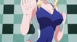 Rule 34 | 1girl, animated, animated gif, anime screenshot, blonde hair, blue one-piece swimsuit, blush, breasts, cleavage, competition swimsuit, covered navel, green eyes, ichijou natsu, large breasts, one-piece swimsuit, shuumatsu no harem, sidelocks, swimsuit