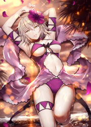 Rule 34 | 1girl, ahoge, armpits, arms up, bikini, blurry, blush, branch, breasts, choker, collarbone, commentary request, depth of field, evening, falling petals, fate/grand order, fate (series), flower, from above, front-tie bikini top, front-tie top, gabiran, gluteal fold, grey hair, hair between eyes, hair flower, hair ornament, hibiscus, jeanne d&#039;arc (fate), jeanne d&#039;arc alter (avenger) (fate), jeanne d&#039;arc alter (fate), large breasts, lens flare, light particles, looking at viewer, lying, medium hair, navel, on back, outdoors, pale skin, parted lips, petals, purple bikini, purple choker, purple flower, shiny skin, soaking feet, solo, sparkle, stomach, strap gap, swimsuit, thigh strap, underbust, water, water drop, wet, yellow eyes
