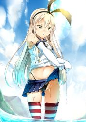 Rule 34 | 10s, 1girl, black panties, blonde hair, elbow gloves, gloves, hairband, highleg, highleg panties, kantai collection, long hair, midriff, miniskirt, navel, panties, sailor collar, shimakaze (kancolle), skirt, solo, striped clothes, striped thighhighs, sugiyuu, thighhighs, underwear, wading, wet, wet clothes, wringing clothes, yellow eyes