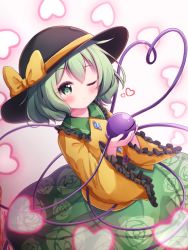 Rule 34 | 1girl, ;), black hat, blush, bow, closed mouth, commentary request, floral print, frilled sleeves, frills, gradient background, green eyes, green hair, green skirt, hat, hat bow, heart, heart background, highres, komeiji koishi, long sleeves, one eye closed, pink background, print skirt, rose print, setmen, shirt, skirt, smile, solo, third eye, touhou, wide sleeves, yellow bow, yellow shirt