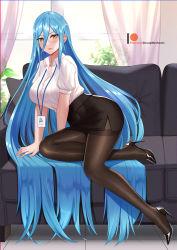 Rule 34 | 1girl, alternate breast size, alternate costume, azura (fire emblem), bare arms, blue hair, blush, breasts, chungmechanic, cleavage, couch, fire emblem, fire emblem fates, hair between eyes, high heels, highres, indoors, large breasts, light blue hair, long hair, looking at viewer, nintendo, office lady, pantyhose, patent heels, pencil skirt, pumps, shirt, shoes, short sleeves, skirt, solo, stiletto heels, very long hair, yellow eyes