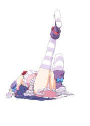 Rule 34 | 1girl, alternate costume, bad id, bad pixiv id, female focus, kani biimu, leg up, lying, magical girl, on back, outstretched leg, panties, patchouli knowledge, side-tie panties, simple background, solo, striped clothes, striped panties, striped thighhighs, thighhighs, touhou, underwear