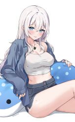 Rule 34 | 1girl, artist name, blue eyes, blue jacket, blue shorts, blush, borrowed character, breasts, camisole, cleavage, commentary, denim, denim shorts, hair between eyes, highres, jacket, kaetzchen, large breasts, long hair, looking at viewer, midriff, mole, mole on thigh, mole under eye, original, sanyu (ry thae), shorts, simple background, sitting, sleeves past wrists, smile, solo, stuffed whale, thick thighs, thighs, tongue, white background, white camisole, white hair