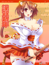 Rule 34 | 10s, 1girl, 2010, adapted uniform, animal ears, bad id, bad pixiv id, breasts, broom, brown hair, cleavage, japanese clothes, large breasts, maki (seventh heaven maxion), miko, new year, original, red eyes, solo, tail, thighhighs, tiger ears, tiger tail