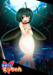 Rule 34 | 1girl, antennae, blush, bug, censored, cloud, completely nude, convenient censoring, covering privates, covering breasts, embarrassed, face, female focus, fireflies, firefly, full moon, green hair, heebee, insect, light trail, looking at viewer, moon, navel, night, nude, one eye closed, open mouth, outdoors, photo (object), short hair, solo, standing, touhou, translation request, viewfinder, wince, wings, wriggle nightbug