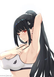 Rule 34 | 1girl, absurdres, alternate costume, amai-pai, arm behind head, arm up, armpits, bare shoulders, black hair, blue archive, breasts, bright pupils, cleavage, collarbone, from side, grin, high ponytail, highres, large breasts, long hair, looking at viewer, patreon username, ponytail, presenting armpit, red eyes, rio (blue archive), sideboob, sidelocks, simple background, smile, solo, sports bra, strap pull, sweat, white background, white sports bra