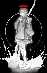 Rule 34 | 1girl, arm at side, bow, brooch, circle, commentary, detached sleeves, dress, frills, full body, gem, hair behind ear, halo, hand up, highres, holding, jewelry, light particles, liquid, long sleeves, looking at viewer, monochrome, muksal, original, pouring, puffy long sleeves, puffy sleeves, red eyes, red gemstone, see-through, shoes, short dress, short hair, sidelocks, socks, solo, sparkle, spot color, symbol-only commentary