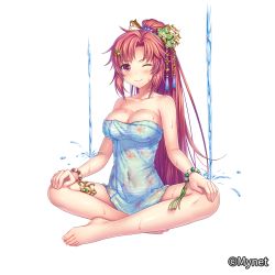 Rule 34 | 1girl, ;), bare shoulders, barefoot, bead bracelet, beads, blush, bracelet, breasts, cleavage, covered navel, full body, hair ornament, indian style, jewelry, large breasts, legband, long hair, official art, one eye closed, otosume ruiko, ponytail, sangoku infinity, sitting, smile, solo, water, wet