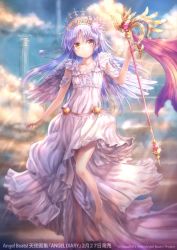 Rule 34 | 1girl, alternate costume, angel, angel beats!, angel wings, barefoot, blue sky, cloud, column, commentary request, dress, full body, goto p, long hair, looking at viewer, pillar, silver hair, sky, solo, tenshi (angel beats!), tiara, wand, white dress, white wings, wings, yellow eyes