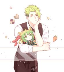 Rule 34 | 1boy, achilles (fate), apron, armband, atalanta (fate), blonde hair, carrot, character doll, cookie, fate/apocrypha, fate (series), food, gradient hair, green hair, head rest, long hair, male focus, mikkat, multicolored hair, smile, vest, waistcoat, yellow eyes