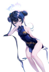 1girl bare_shoulders black_dress black_gloves black_hair blue_archive blush braid braided_bun breasts butterfly_hair_ornament china_dress chinese_clothes double_bun dragon_print dress gloves grey_eyes hair_bun hair_ornament half_gloves halo highres kisaki_(blue_archive) long_hair looking_at_viewer pelvic_curtain short_dress side_slit small_breasts solo twintails youta