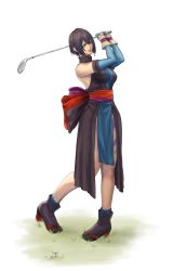 Rule 34 | 1girl, absurdres, bare shoulders, black hair, breasts, detached sleeves, elbow gloves, gloves, golf, golf club, golf course, heterochromia, highres, holding, japanese clothes, ktovhinao, large breasts, ninja, samurai spirits, shiki (samurai spirits), short hair, snk, solo, swinging, sword, weapon
