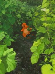 Rule 34 | charmander, commentary request, creatures (company), day, fang, game freak, gen 1 pokemon, green eyes, highres, kahan 0004, leaf, leg up, nintendo, no humans, open mouth, outdoors, pokemon, pokemon (creature), reflection, rock, smile, solo, standing, standing on one leg, water