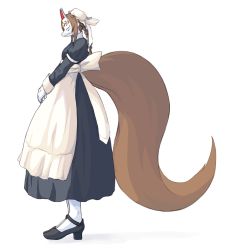 Rule 34 | 1girl, 4138, apron, braid, dress, female focus, fox mask, full body, gloves, hat, highres, mask, mob cap, original, pantyhose, simple background, solo, tail, white apron, white background, white pantyhose