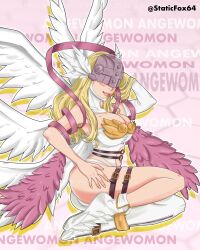 Rule 34 | 1girl, absurdres, angel, angel girl, angewomon, ass, blonde hair, breasts, buckle, cleavage, digimon, digimon (creature), head wings, highres, large breasts, lipstick, long hair, makeup, mask, navel, solo, thigh strap, wings