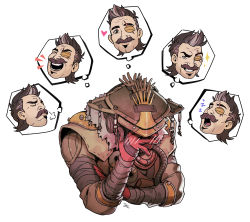 Rule 34 | 1boy, 1other, ambiguous gender, apex legends, black hair, bloodhound (apex legends), brown eyes, brown jacket, cable, embarrassed, facial hair, fuse (apex legends), gloves, grey hair, hair behind ear, heart, helmet, highres, jacket, jelart, looking down, multicolored hair, mustache, rebreather, red gloves, scar, scar across eye, scar on face, smile, smirk, soul patch, streaked hair, thought bubble, zzz
