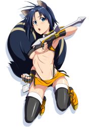 Rule 34 | 1girl, ahoge, animal ears, arc system works, black hair, blazblue, blazblue: continuum shift, breasts, clearite, cosplay, crossover, fingerless gloves, gloves, idolmaster, idolmaster (classic), idolmaster 2, kikuchi makoto, makoto nanaya, makoto nanaya (cosplay), midriff, miniskirt, name connection, orange skirt, panties, pantyshot, revealing clothes, skirt, solo, squirrel ears, squirrel tail, tail, thighhighs, tonfa, underboob, underwear, upskirt, weapon