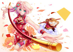 Rule 34 | 1girl, absurdres, blue eyes, brown footwear, chinese clothes, cleavage cutout, clothing cutout, cloud, confetti, flower, foreshortening, hair ornament, highres, holding, holding staff, looking at viewer, monkey, mr. j.w, original, pink hair, shoes, side ponytail, smile, solo, staff