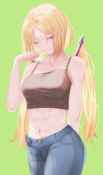 Rule 34 | 1girl, abs, aki rosenthal, blonde hair, bob cut, breasts, collarbone, commentary, denim, detached hair, english commentary, finger to mouth, green background, hair intakes, highres, hololive, jeans, looking at viewer, low twintails, medium breasts, muscular, muscular female, one eye closed, pants, parted bangs, purple eyes, robbilgigih, simple background, tank top, tsurime, twintails, virtual youtuber