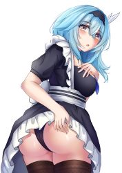 Rule 34 | 1girl, ahisazon, alternate costume, ass, blue hair, blush, breasts, brown eyes, clothes lift, dress, embarrassed, eula (genshin impact), from behind, genshin impact, hair ornament, hairband, huge ass, large breasts, long hair, looking at viewer, maid, open mouth, panties, shiny skin, sideboob, skirt, skirt lift, solo, thighhighs, underwear