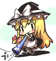 Rule 34 | 1girl, 2010 fifa world cup, blonde hair, blowing, blush, blush stickers, bow, chibi, female focus, fifiruu, hair bow, hat, horn (instrument), kirisame marisa, long hair, solo, touhou, vuvuzela, witch, witch hat, world cup