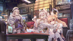 Rule 34 | 3girls, animal ear fluff, animal ears, arm under breasts, bag, blonde hair, closed mouth, commentary, copyright name, csyday, cup, dress, drinking straw, echocalypse, eriri (echocalypse), flower, fox, fox ears, fox girl, fur-trimmed jacket, fur collar, fur shawl, fur trim, gloves, green eyes, green gloves, hair between eyes, hair bun, hair flower, hair ornament, hair over one eye, hairclip, halo, hand up, hat, highres, holding, holding cup, indoors, jacket, leaning forward, long hair, looking at viewer, mechanical halo, mouth hold, multiple girls, official art, one eye covered, pantyhose, parted lips, peaked cap, purple skirt, rabbit ears, rabbit girl, red eyes, second-party source, see-through, shawl, shirt, shopping bag, sidelocks, single hair bun, sitting, skirt, snezhana (echocalypse), sova (echocalypse), table, thigh strap, thighhighs, very long hair, white dress, white flower, white gloves, white hair, white headwear, white jacket, white pantyhose, white shawl, white shirt, white thighhighs, yellow eyes