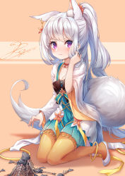 Rule 34 | 1girl, absurdres, animal ears, anklet, aqua dress, artist name, blush, breasts, cardigan, closed mouth, collarbone, dated, de da xianyu, dress, fish, flats, fox ears, fox tail, frown, hand up, highres, jewelry, kneeling, long hair, looking at viewer, open cardigan, open clothes, orange pantyhose, original, pantyhose, petite, pleated dress, ponytail, purple eyes, sidelocks, signature, silver hair, small breasts, solo, tail, v-shaped eyebrows, very long hair
