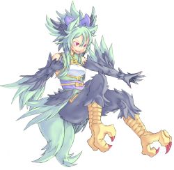 Rule 34 | 1girl, 4138, animal ears, bad id, bad pixiv id, bare shoulders, bow, claws, feathers, green hair, hair bow, harpy, highres, monster girl, open mouth, original, red eyes, sidelocks, sleeveless, solo, talons, winged arms, wings