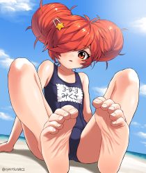 Rule 34 | 1girl, barefoot, blush, character request, feet, foot focus, highres, long hair, ocean, oyatsu (mk2), red eyes, red hair, sand, sitting, sky, soles, solo, swimsuit, toes
