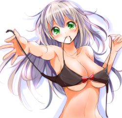 Rule 34 | 1girl, absurdres, armpits, bad id, bad pixiv id, bikini, bikini in mouth, black bikini, breasts, cleavage, clothes in mouth, collarbone, commentary request, green eyes, highres, large breasts, long hair, mouth hold, open bikini, open clothes, original, outstretched arm, ribbon, ribbon in mouth, silver hair, solo, swimsuit, underboob, velia