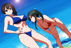 Rule 34 | 10s, 2girls, arm at side, armpits, bare arms, bare legs, bare shoulders, beach, bent over, bikini, black hair, blue bikini, breast envy, breasts, brown eyes, brown hair, cleavage, closed mouth, collarbone, day, dutch angle, female focus, from below, hair between eyes, hand on own hip, hands on own knees, kaga (kancolle), kantai collection, large breasts, leaning, leaning forward, legs, lens flare, long hair, looking at another, looking at breasts, looking at viewer, medium breasts, midriff, multiple girls, navel, neck, outdoors, red bikini, ruuto (sorufu), side ponytail, sketch, standing, sun, sweatdrop, swimsuit, twintails, yellow eyes, zuikaku (kancolle)