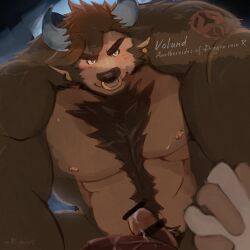 Rule 34 | 2boys, :p, abs, animal ears, another eidos-r, bar censor, bara, beard, blush, brown fur, censored, character name, chest hair, completely nude, cow ears, cow horns, crack of light, erection, facial hair, furrowed brow, furry, furry male, highres, holding hands, horns, interlocked fingers, large pectorals, large penis, looking at viewer, male focus, mature male, minotaur, multiple boys, multiple penises, muscular, muscular male, navel hair, nipple piercing, nipples, nose piercing, nose ring, nude, pectorals, penis, penises touching, piercing, pov, pov crotch, riotaro, seductive smile, short hair, shoulder tattoo, smile, solo focus, stomach, sweat, tattoo, thick arms, thick eyebrows, tongue, tongue out, unfinished, veins, veiny arms, volund (another eidos), yaoi